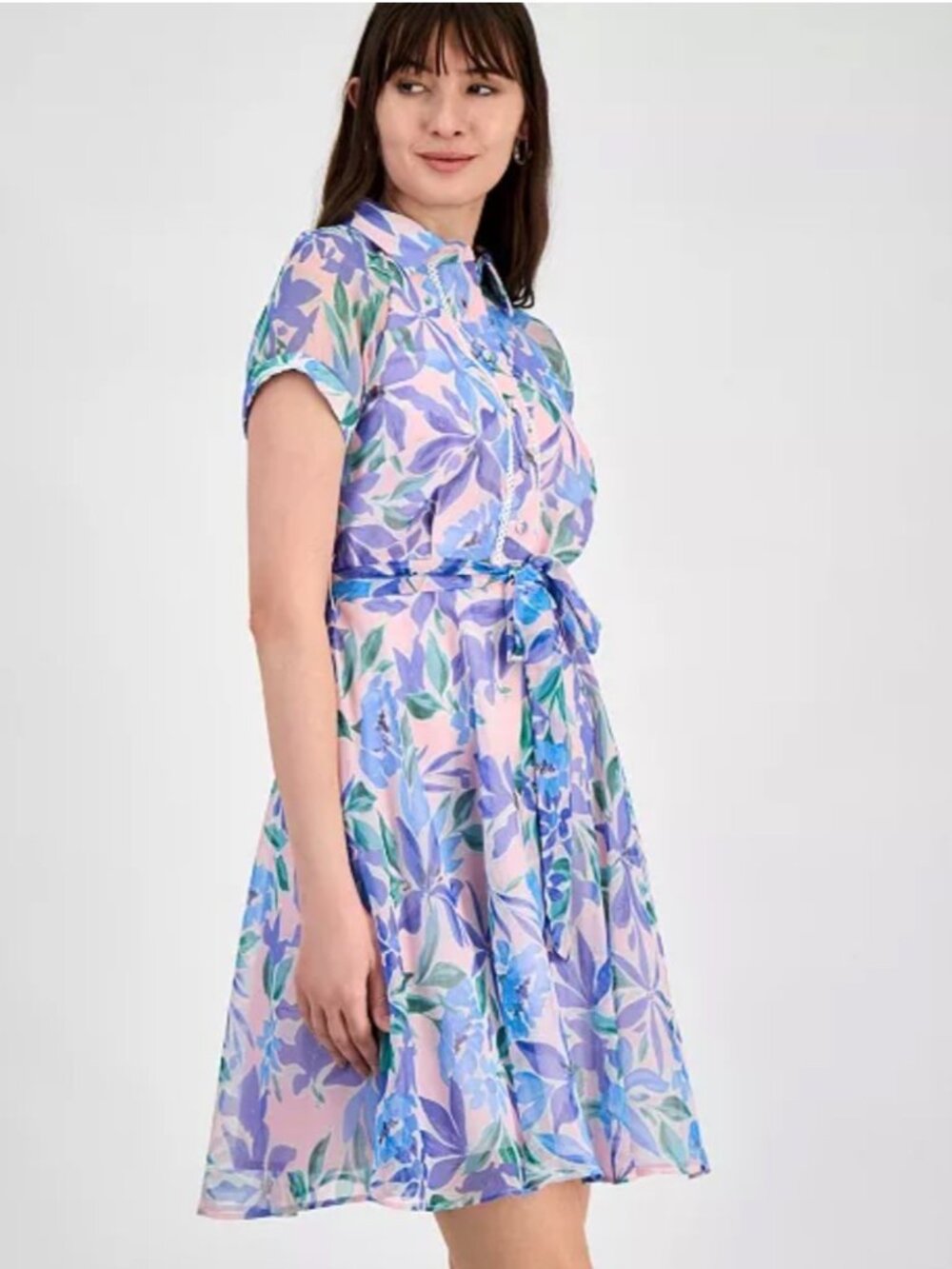NWT (Other) Tahari Shadow-Striped Floral Print Belted Mini/Midi Dress. Size 4 - Picture 2 of 16